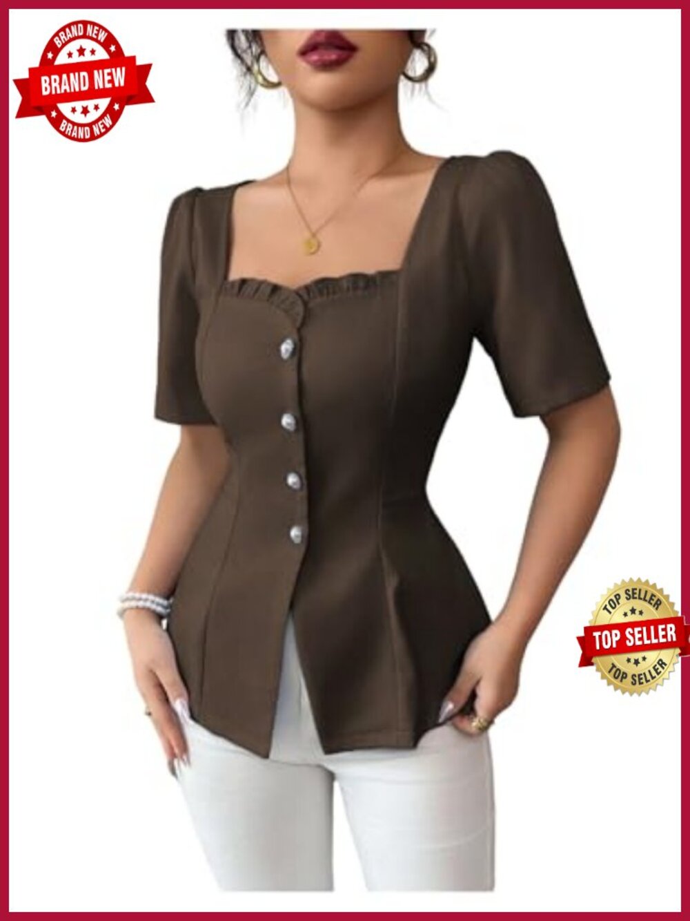Women's Elegant Puff Sleeve Peplum Square Neck Flare Hem Blouse Top